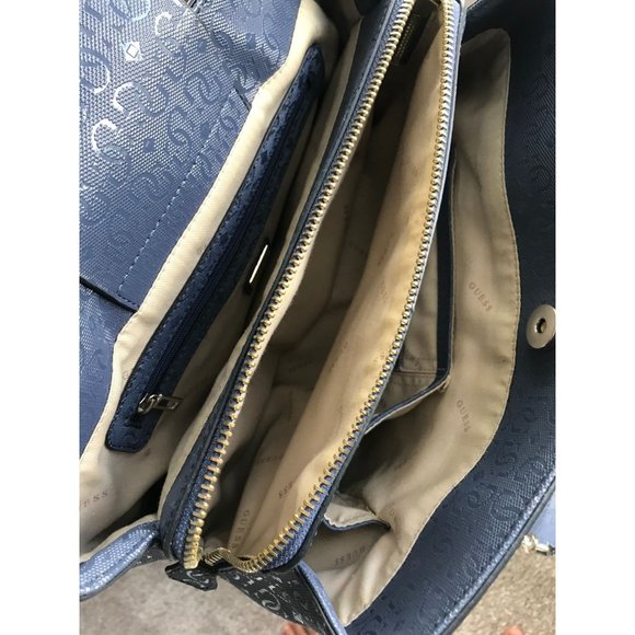 Guess Tote Bag in Blue with Basket Weave Front and Chain Handles - Picture 6 of 7